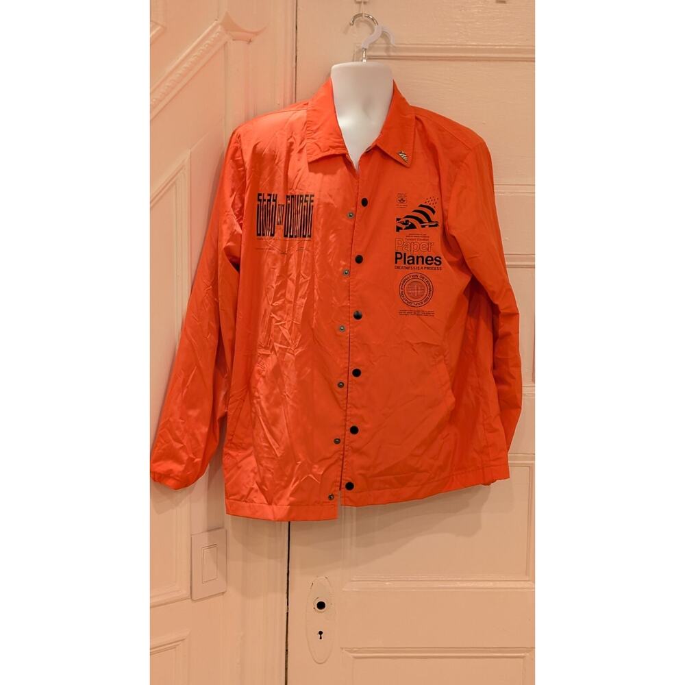 Paper Planes Destination Coach Jacket Mens L Orange Windbreaker Graphics NWT